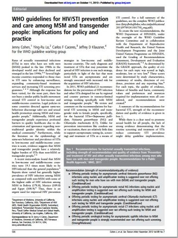 WHO guidelines for HIV/STI prevention and care among MSM and transgender people: implications for policy and practice
