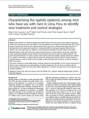 Characterizing the syphilis epidemic among men who have sex with men in Lima, Peru to identify new treatment and control strategies.